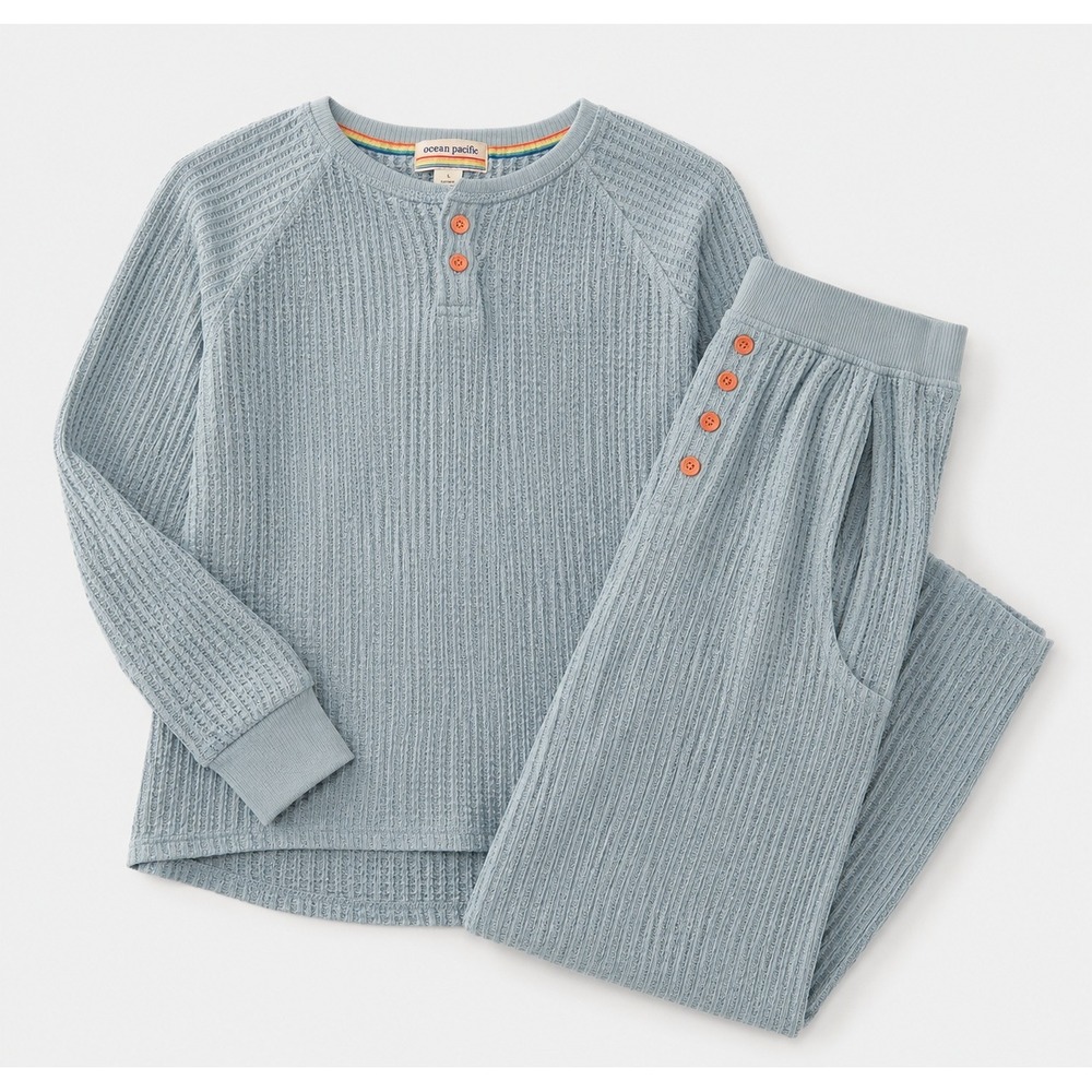 Ocean Pacific Waffle Knit Lounge Set Womens Large Blue Pajama Set Cozy Soft Girl